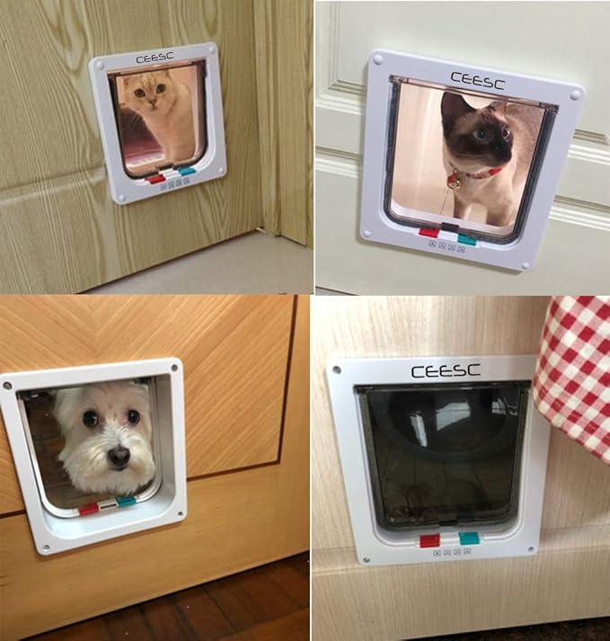 CEESC Cat Flap Door Magnetic Pet Door with 4 Way Lock for Cats, Kitties and Kittens, 3 Sizes and 2 Colors Options (M- Inner size: 6.18"(W) x 6.30"(H), White)