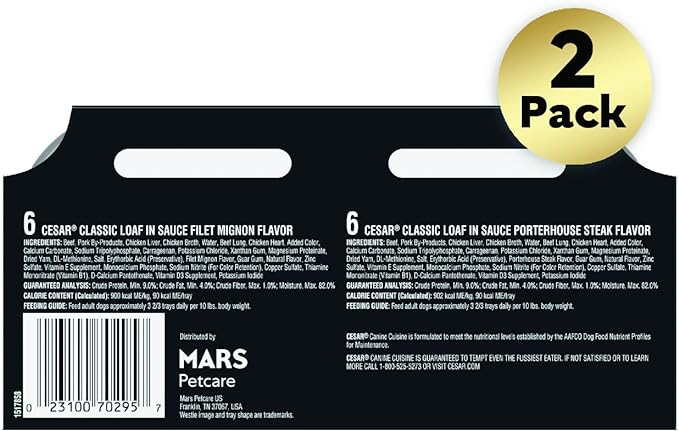 CESAR Adult Wet Dog Food Classic Loaf in Sauce Filet Mignon and Porterhouse Steak Flavors Variety Pack, 3.5 oz. Easy Peel Trays, (Pack of 24)