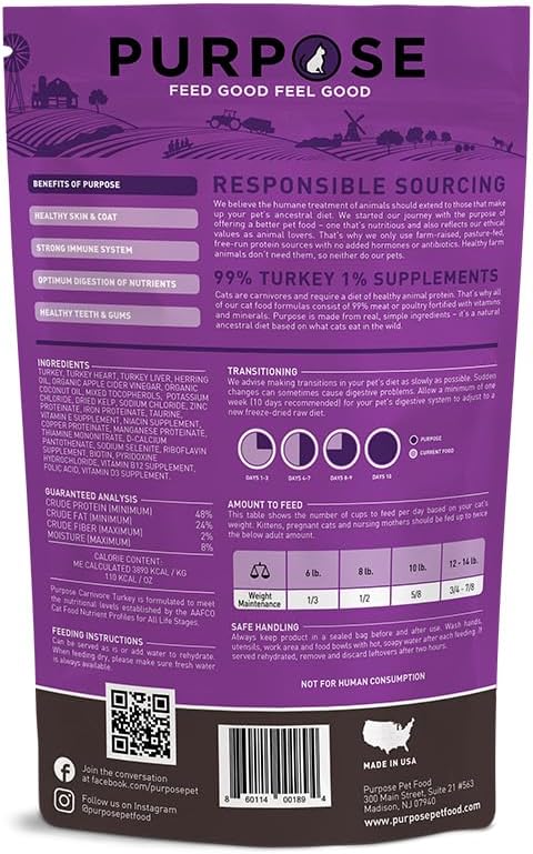 PURPOSE Freeze Dried Raw Cat Food, Turkey Mini Nibs Entree, 9 oz - High Protein, USA Made