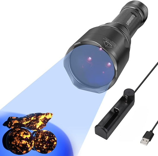 S3 365nm UV Flashlight with 3 LEDs, Rechargeable Black Light Torch for Resin Curing, Rocks Searching, Scorpion & Pet Urine Finding