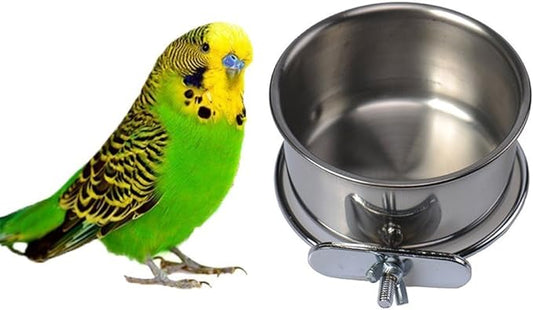 Hypeety Pet Bird Food Feeding and Drinking Hanging Cup Clamp Holder Stainless Steel Hanging Bowl for Parrot Macaw African Greys Budgies Parakeet Cockatiels Conure Lovebirds Finch Pigeon Cage