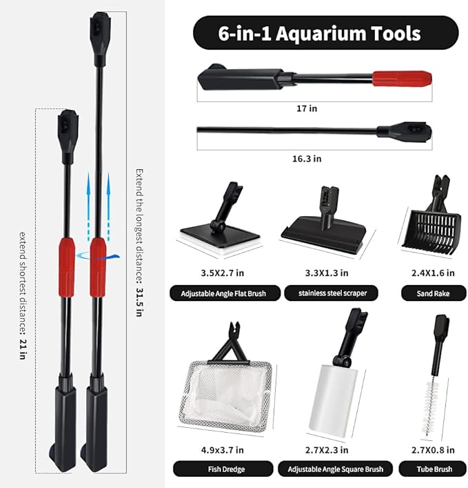 Fish Tank Cleaning Tools, 6-in-1 Aquarium Cleaning Tools, Adjustable Fish Tank Cleaner with Long Telescopic Handle, Multifunction Aquarium Cleaning Kit for Saltwater Freshwater Aquarium Cleaner