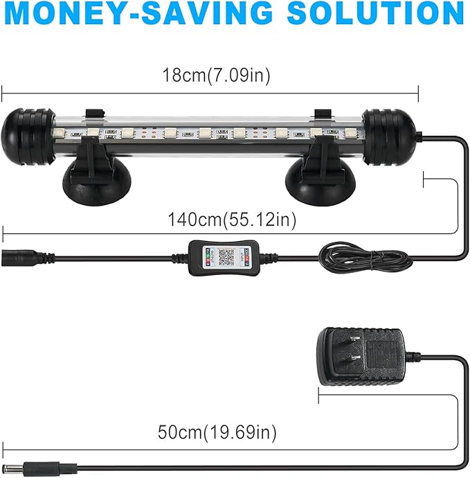 GreenSun Fish Tank Aquarium Light: Submersible Led Lamp - 7 Inch Waterproof Strip Spotlight with APP Control