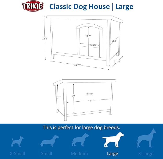 TRIXIE Large natura Classic Outdoor Dog House, Weatherproof Finish, Elevated Floor, Brown 45.5 x 31 x 32.25 inch