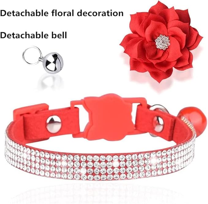 Cat Collars,Rhinestone for Girl Cats Bling Kitten Flower Adjustable Breakaway Collar with Bell Soft Velvet Leather Collar for Puppy Small Dogs (Blue1)