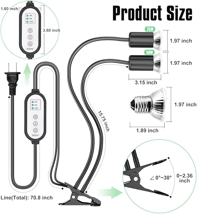 Reptile Heat Lamp, Dual-Head UVA/B Reptile Light with 3/6/12H Cycle Timer, Basking Light for Reptile Turtle Bearded Dragon Lizards Snake, E26/27 Base with 4 Bulbs (2PCS 50W and 2PCS 75W)