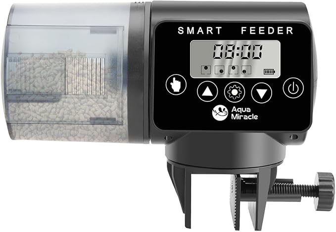 AquaMiracle Programmable Automatic Fish Feeder for Aquarium, Fish Food Timer Fish Food Vacation Feeder Auto Fish Feeder with Digital Display, for Granule Flakes Pallets Strips, Volume Adjustable