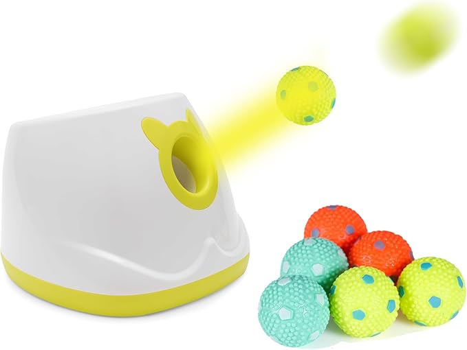 Automatic Ball Launcher for Dogs, 4 Launch Distance Modes, 2-inch Small Balls Included, Suitable for Small to Medium Sized Dogs (White with latex balls)