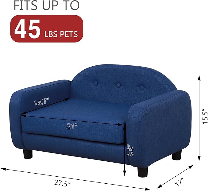 Dog Sofas and Chairs for Small Pet/Cat Sofa Bed with Wooden Frame/Bed for dogs with Linen Fabric/Cat Sofa Chair with Cushion/Dog Couch for Small Dog Rest Using (Blue)