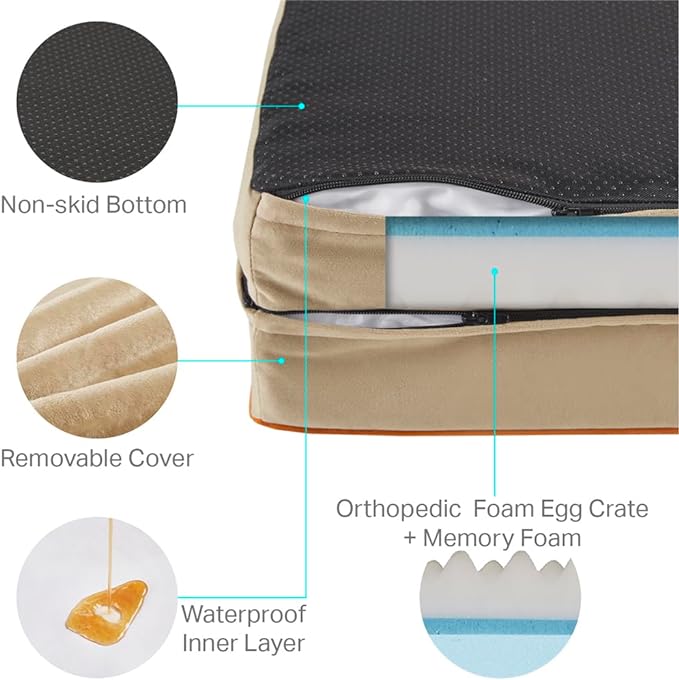 Friends Forever Orthopedic Dog Bed, Bolster Dog Bed with Memory Foam Dog Couch Sofa and Removable Washable Cover, Ally Khaki, 35x25x6.5