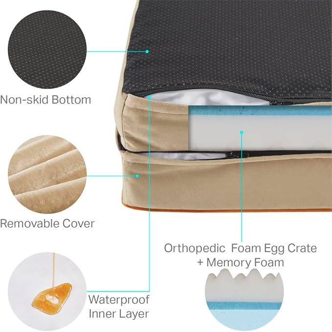 Friends Forever Orthopedic Dog Bed, Bolster Dog Bed with Memory Foam Dog Couch Sofa and Removable Washable Cover, Ally Khaki, 42x32x7