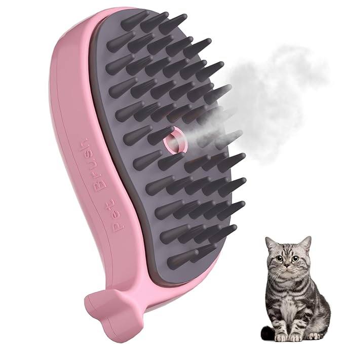 Cat Steam Brush, 3 in 1 Cat Steamy Brush, Silicone Massage Grooming Brush, Pet Hair Self Cleaning Brush Comb for Cats Dogs(Pink Whale)