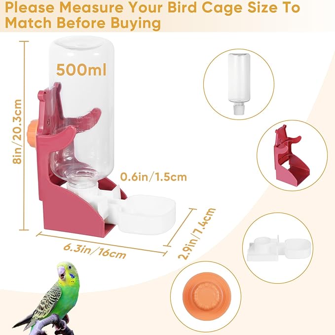 Bird Water Dispenser, Automatic Bird Feeder for Cage,No Mess Bird Feeder, Parakeet Seed Container Food Feeder Drinker for Cage, Parrot Feeder Cage Accessories，Cockatiel Canary Lovebirds Budgies (Red)