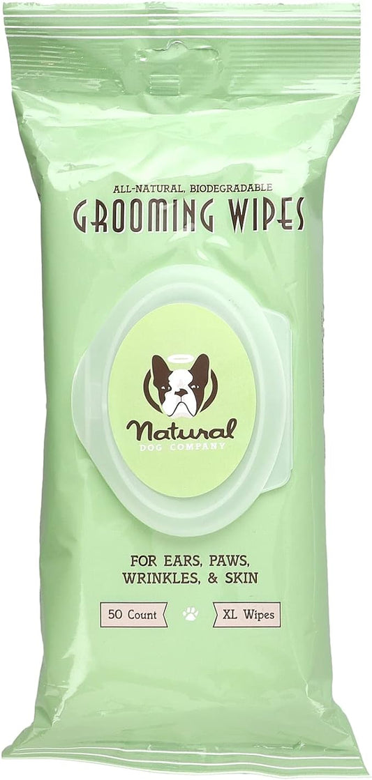 Natural Dog Company Grooming Wipes with Aloe Vera, Cleanses, Soothes, & Deodorizes, Fragrance Free, Hypoallergenic, Biodegradable Wipes - Dog Wipes for Ear, Paws, Face and Butt Wipes (50 Wipes)