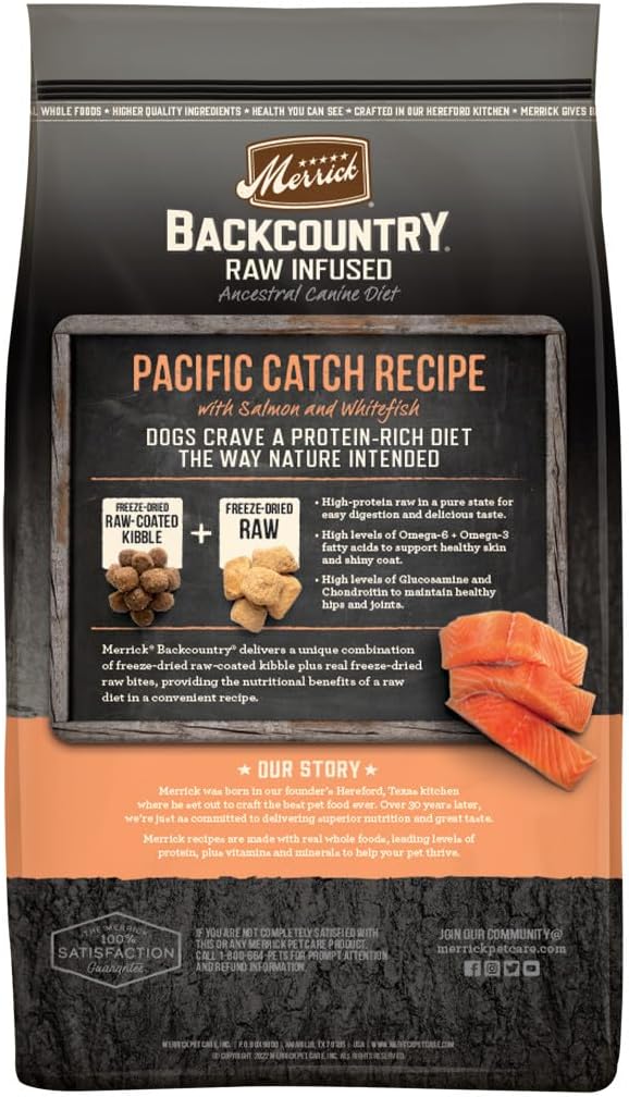 Merrick Backcountry Grain Free Dry Adult Dog Food, Kibble With Freeze Dried Raw Pieces, Pacific Catch With Salmon - 20.0 lb. Bag