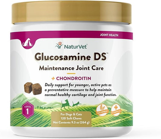 NaturVet Glucosamine DS Level 1 Maintenance, Joint Care Support Supplement for Dogs and Cats, Soft Chews, Made in The USA