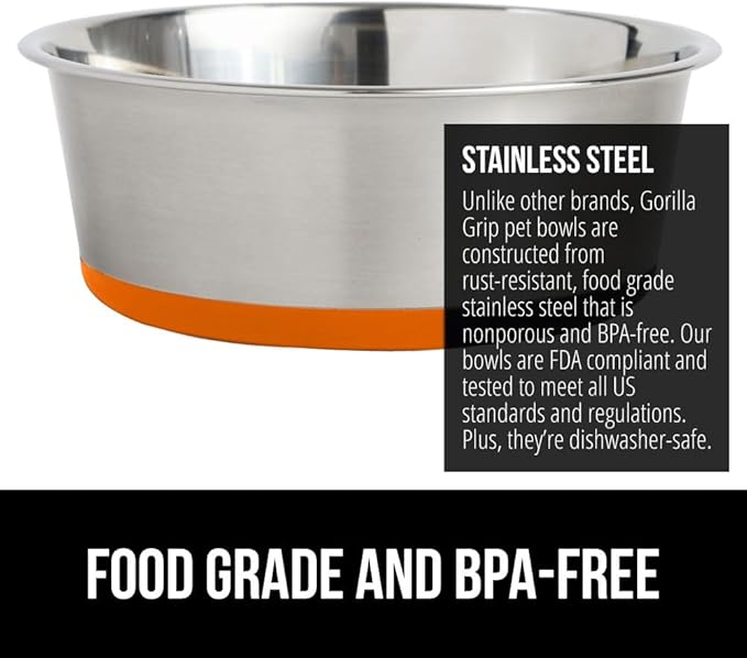 Gorilla Grip Stainless Steel Metal Dog Bowl Set of 2, Rubber Base, Heavy Duty Feeding Dishes, Food Grade BPA Free, Less Sliding, Quiet Pet Bowls for Cats and Dogs, Holds 2 Cups (16 fl oz), Orange