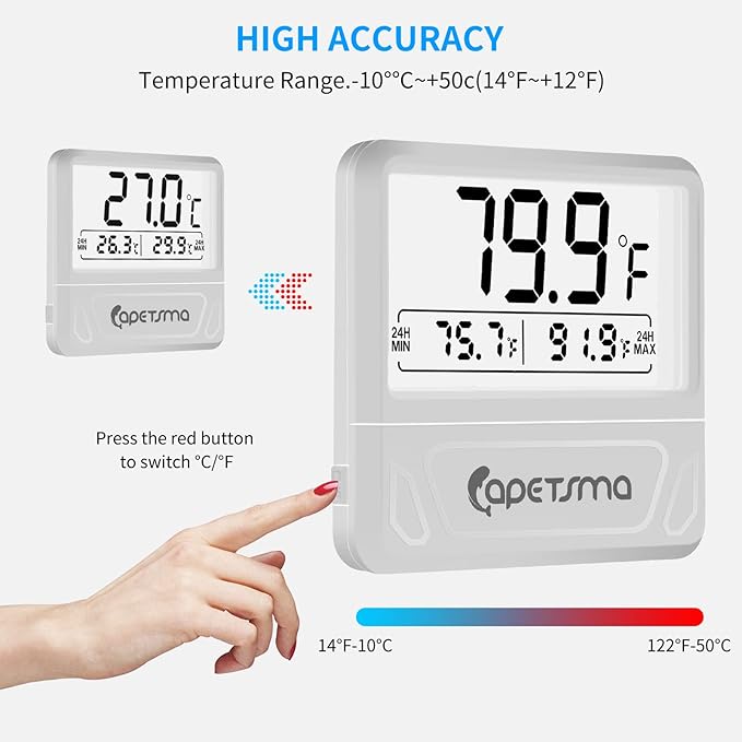 Digital Aquarium Thermometer, capetsma Fish Tank Thermometer Records The Highest & Lowest Temp in 24 hrs, Accurate Temperature Gauge for Fish Tank, Large LCD Screen, C/F Switch.