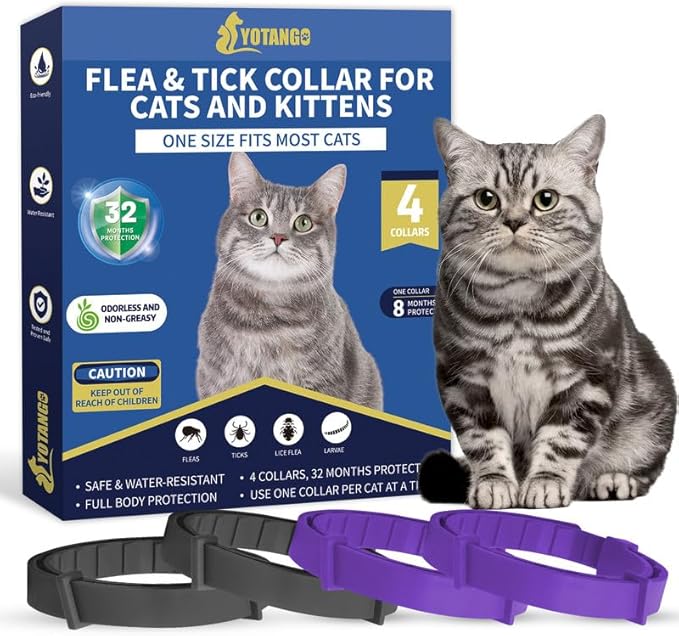 4 Pack Flea Collar for Cats, 32Months Flea and Tick Prevention for Cats, Waterproof Cat Flea Collar, Natural Cat Flea and Tick Treatment, Adjustable Flea and Tick Collar for Cats Kittens(Black&Purple)