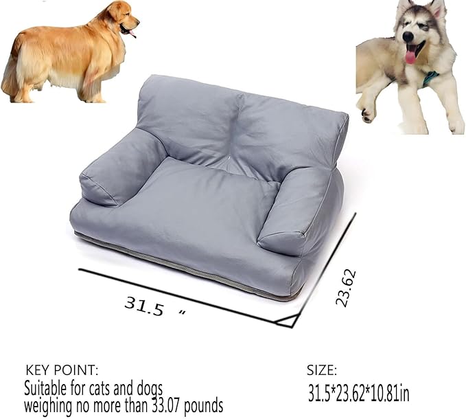 Pet Sofa Bed, Vintage Cat Puppy Faux Leather Couch with Non-Slip Bottom for Cats or Small Medium Dog Chair (Grey, Large)