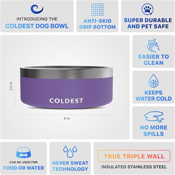 Coldest Dog Bowl - Anti Rust Metal & Non Slip Dog Bowls Large, Spill Proof Heavy Duty 3 Layers Insulated Dog Bowl - Food and Water Bowl for Dogs, Cats & Pets, Dishwasher Safe (64 oz, Galaxy Purple)