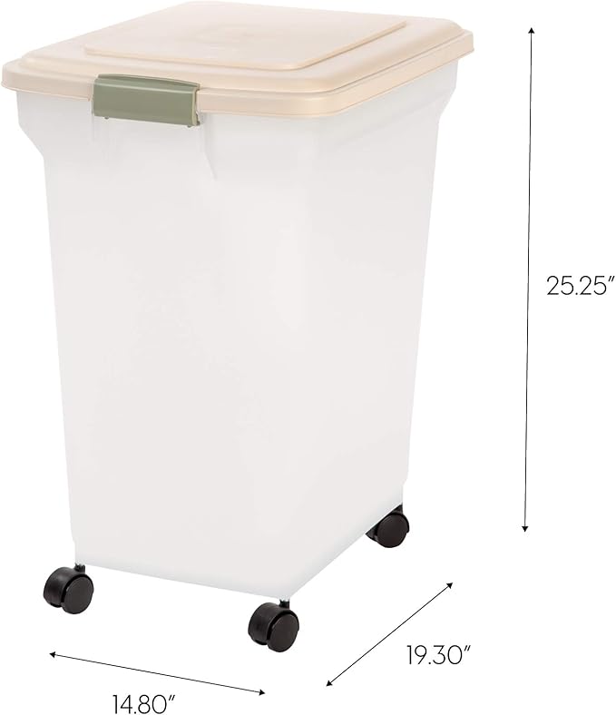 IRIS USA WeatherPro Airtight Dog Food Storage Container, Up to 58 lbs, Attachable Wheels, For Dog Cat Bird and Other Pet Food Storage Bin, Keep Fresh, Translucent Body, Pearl/Almond