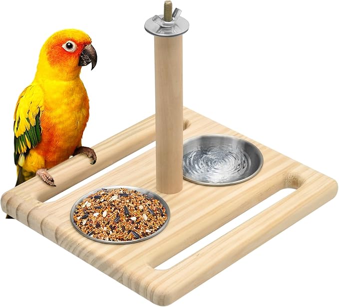 KATUMO Bird Perch Parrot Platform Bird Stand Parrot Playground with 2 Removable Feeding Bowl Cups for Parakeet Lovebird Cockatiel Conure Budgie Small Birds
