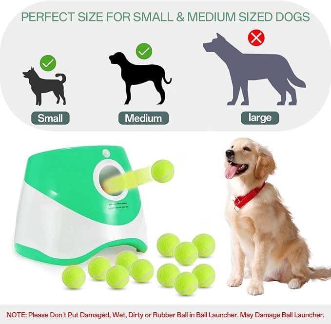 Dog Ball Launcher, Automatic Ball Thrower for Dogs with 12 Tennis Balls, Interactive Dog Toys Pet Ball Indoor Outdoor Thrower Machine (Green)