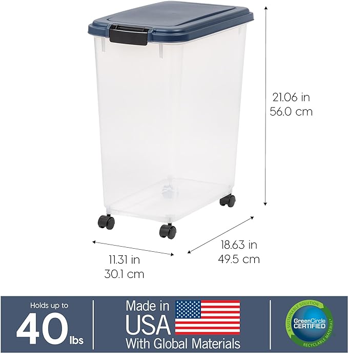 IRIS USA WeatherPro Airtight Dog Food Storage Container, Up to 40 lbs, Attachable Wheels, For Dog Cat Bird and Other Pet Food Storage Bin, Keep Fresh, Translucent Body, Easy Mobility, Navy