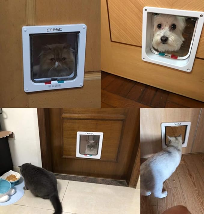 CEESC Cat Flap Door Magnetic Pet Door with 4 Way Lock for Cats, Kitties and Kittens, 2 Sizes and 2 Colors Options (L- Inner size: 7.08"(W) x 7.48"(H), White)
