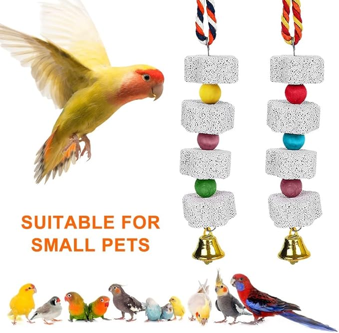 MiOYOOW 2PCS Parrot Chewing Toys, Bird Beak Grinding Calcium Stones Hanging Bird Cage Accessories with Bells for Small pets Parakeet Hamster Chinchilla Lovebird Cockatiel