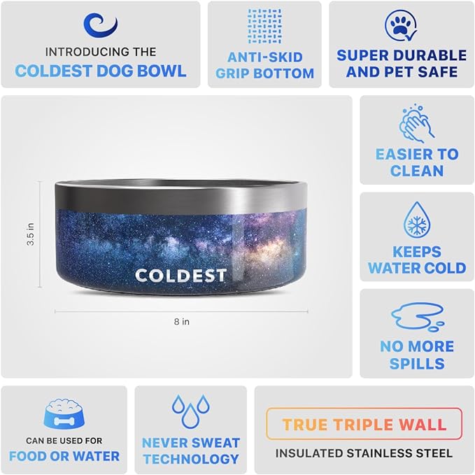 Coldest Dog Bowl - Anti Rust Metal & Non Slip Dog Bowls Large, Spill Proof Heavy Duty 3 Layers Insulated Dog Bowl - Food and Water Bowl for Dogs, Cats & Pets, Dishwasher Safe (64 oz, Into The Beyond)