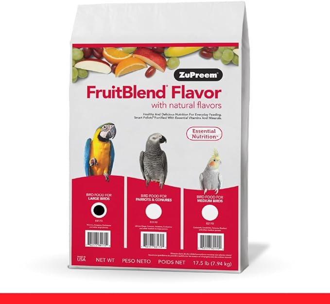 ZuPreem FruitBlend Bird Pellets, Daily Bird Food for Amazon, Cockatoo, Macaw, Core Nutrition for Large Birds, Made in USA, Macaw Food, Macaw Bird Food, Macaw Pellets (L, 17.5 lb)