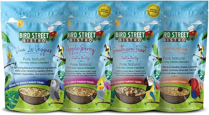 Parrot Food Sample 4 Pack - Parakeet Food - Cockatiel Food - Bird Food - Cooks in 3-15 min w/Natural & Organic Grains - Healthy, Non-GMO Fruits, Healthy Orientated Spices