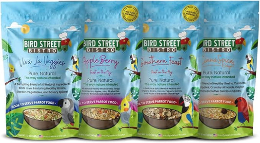 Parrot Food Sample 4 Pack - Parakeet Food - Cockatiel Food - Bird Food - Cooks in 3-15 min w/Natural & Organic Grains - Healthy, Non-GMO Fruits, Healthy Orientated Spices