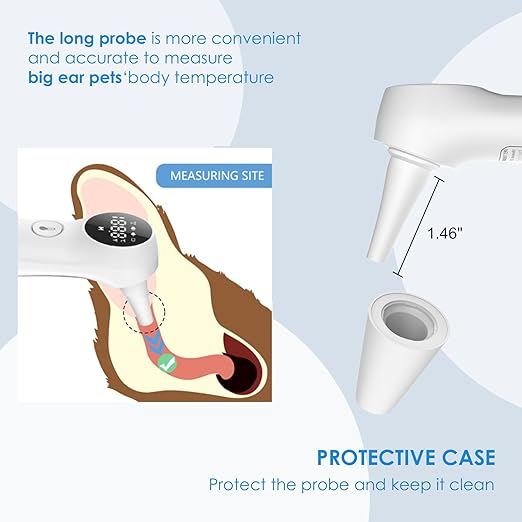 Pet Ear Thermometer for Dogs, Cats, and Livestock, Long Probe Designed, ℃/ ℉ Convert and Sound Switch Dedicated Button, 1 Second Measurement, 20 pcs Pet Swabs Included