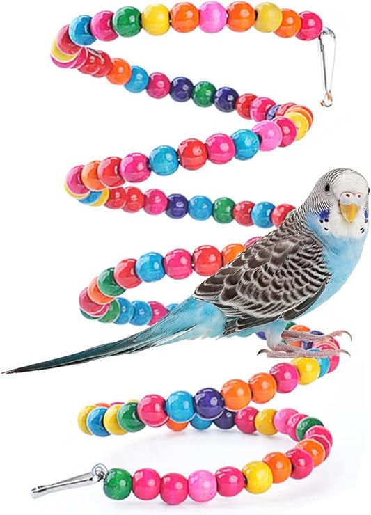 Bird Wood Beads Perch Parrot Revolving Suspension Bridge Toys Comfy Perch Bird Chew Toy for Parakeets Cockatiels, Conures, Budgerigar, Macaw, Lovebirds, Finches (59 inch)