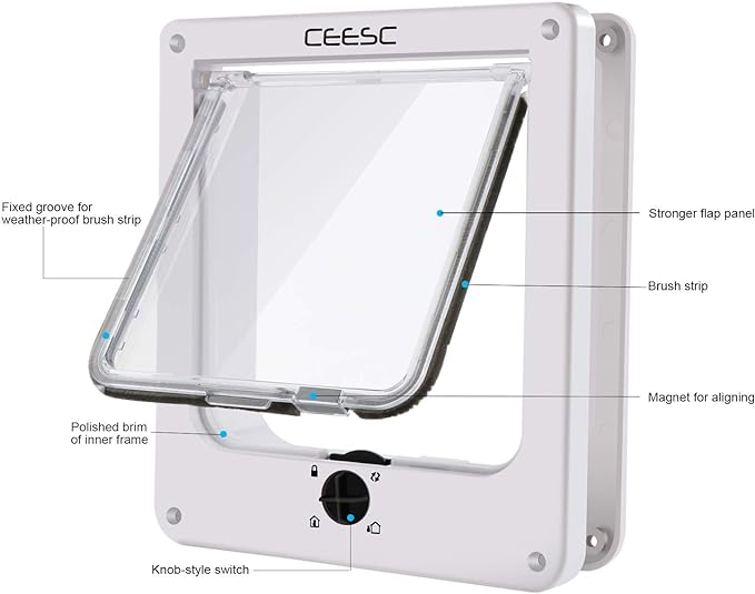 CEESC Cat Doors, Magnetic Pet Door with Rotary 4 Way Lock for Cats, Kitties and Kittens, Upgraded Version (Medium, White)