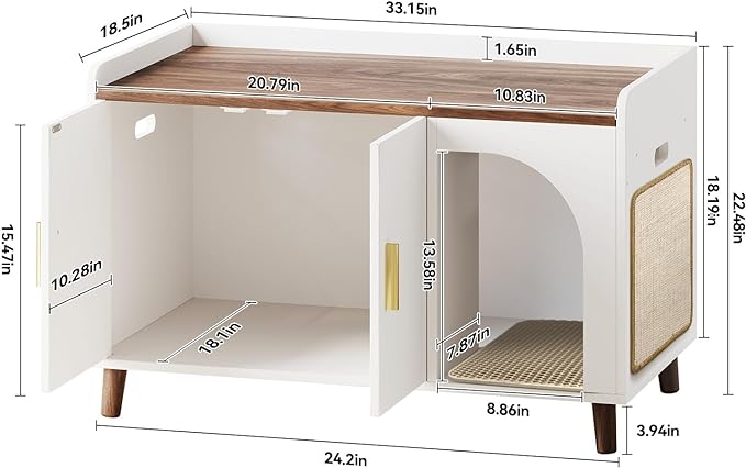 Cat Litter Box Enclosure,Hidden Litter Box Furniture with Scratching Mat&Litter Mat,Wooden Cat House as Side End Table Nightstand,Storage Cabinet,Large Modern Litter Box Cabinet,White&Brown