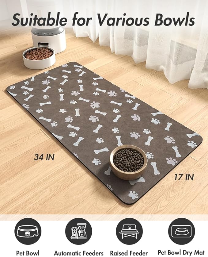 Pet Feeding Mat-Absorbent Dog Food Mat-Dog Mat for Food and Water-No Stains Quick Dry Dog Water Dispenser Mat-Pet Supplies-Dog Placemat Dog Water Bowl for Messy Drinkers (17"x34", BROWN)