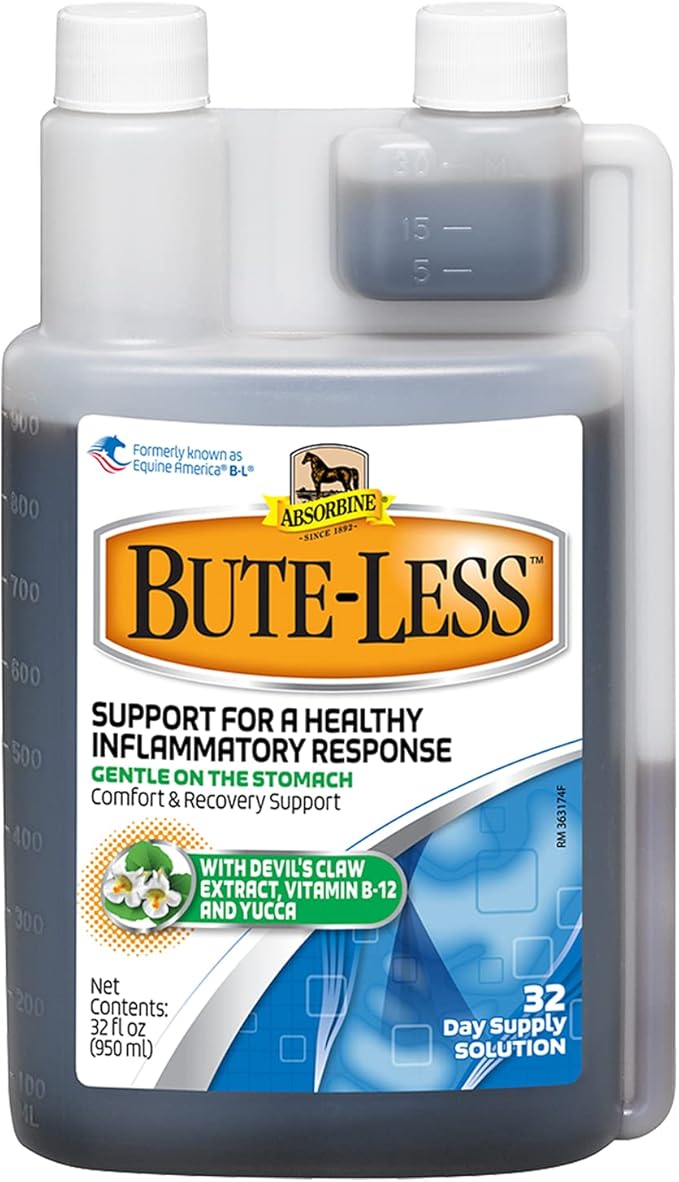 Absorbine Bute-Less Long-Term Horse Comfort & Recovery Supplement Solution, Gentle on Stomach, Devil's Claw, Vitamin B-12, Yucca, 32oz / 32 Day Supply