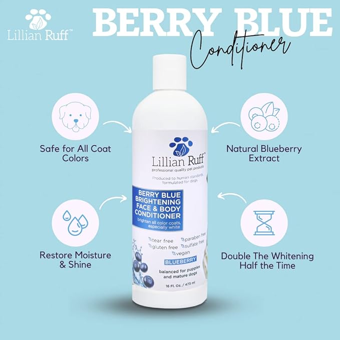 Lillian Ruff Berry Blue Brightening Face and Body Wash for Dogs - Blueberry Shampoo - Remove Tear Stains, Hydrate Dry Itchy Skin, Add Shine & Luster to Coats (Berry Blue Shampoo & Conditioner Set)