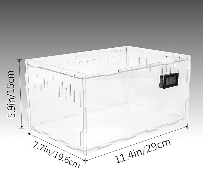 BETAZOOER Reptile Terrarium Breeding Tank Acrylic Reptile Feeding Box with Temperature Hygrometer (11.4"x7.7"x5.9")