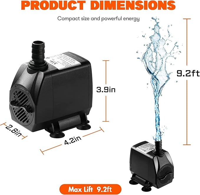 Simple Deluxe 550GPH Submersible Pump (2082L/H, 45W) with 9.2ft High Lift, Fountain Pump with 3 Nozzles for Fish Tank, Pond, Aquarium, Hydroponics Black