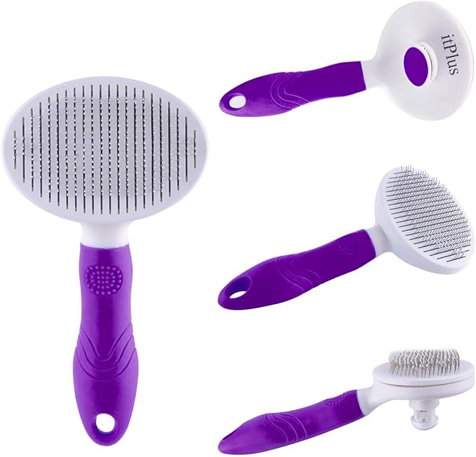 Cat Grooming Brush, Self Cleaning Slicker Brushes for Dogs Cats Pet Grooming Brush Tool Gently Removes Loose Undercoat, Mats Tangled Hair Slicker Brush for Pet Massage-Self Cleaning Upgraded (PURPLE)