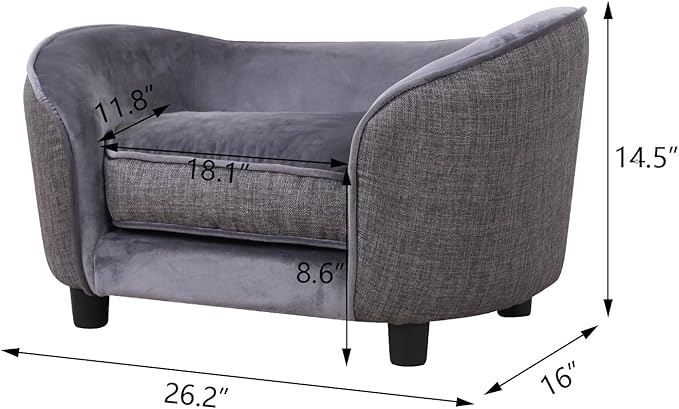 Pet Sofa Bed, Velvet & Linen fabric Dog Couch with Washable Cushion for Small Dog Cat Gray (Gray)