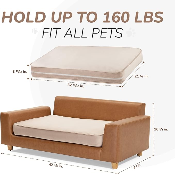 dCee Luxury Large Dog Sofa, Cat Sofas, Holds 160 Lbs, 42 in. Premium Leather Dog Bed Couch with Removable Washable Velvet Cushion for Comfort Sleep, Suitable for Different Pet Sizes