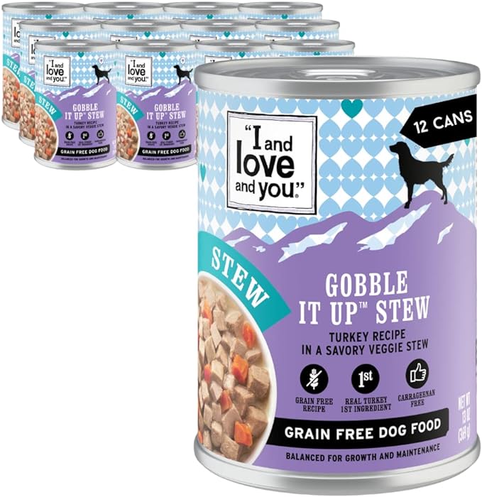 I AND LOVE AND YOU Wet Dog Food - Gobble It Up Stew - Turkey Recipe, Grain Free, Filler Free 13oz can, 12pk