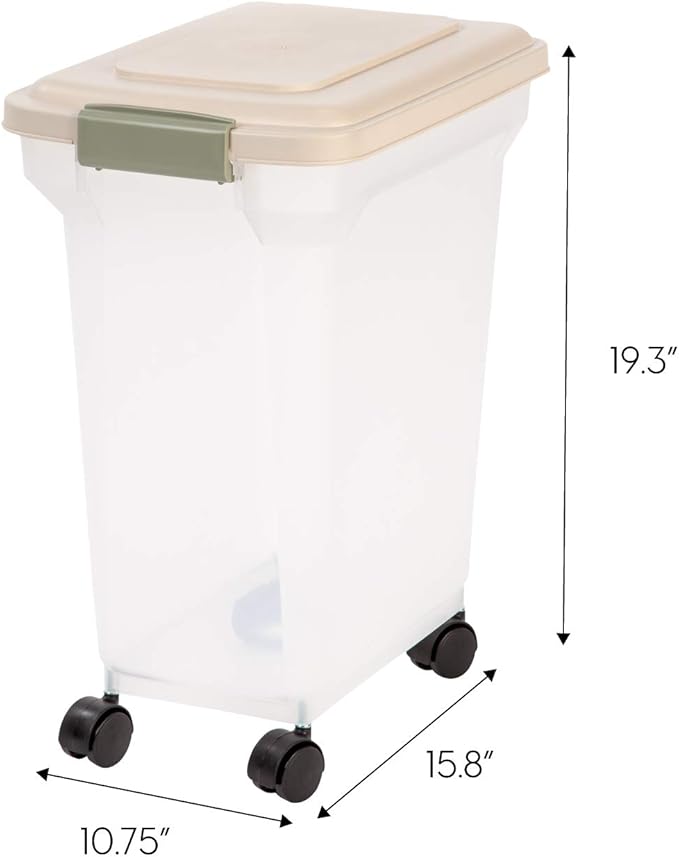 IRIS USA WeatherPro Airtight Dog Food Storage Container, Up to 22 lbs, Attachable Wheels, For Dog Cat Bird and Other Pet Food Storage Bin, Keep Fresh, Translucent Body, Clear/Almond