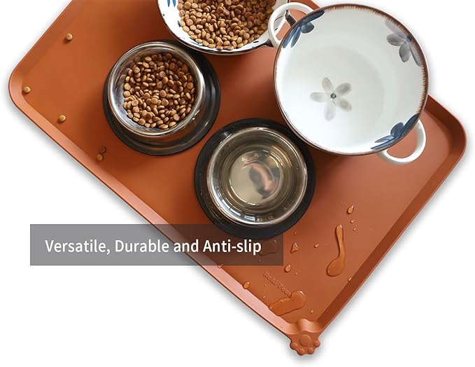 Hoki Found Large Silicone Pet Food Mats Tray - Non slip Pet Dog Cat Bowl Mats Placemat - Dog Pet Cat Feeding Mat - Waterproof Dog Cat Food Mats -Pet Water Mats for Floors - Caramel